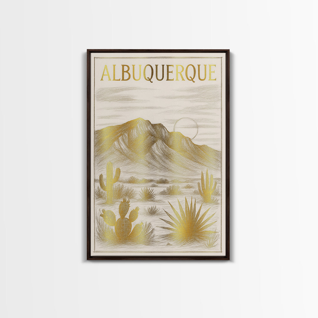 Albuquerque New Mexico Travel Poster, Canvas Print, Gold Line Drawing Wall Art, Albuquerque Art Print, City Art Print, Gift For Travelers