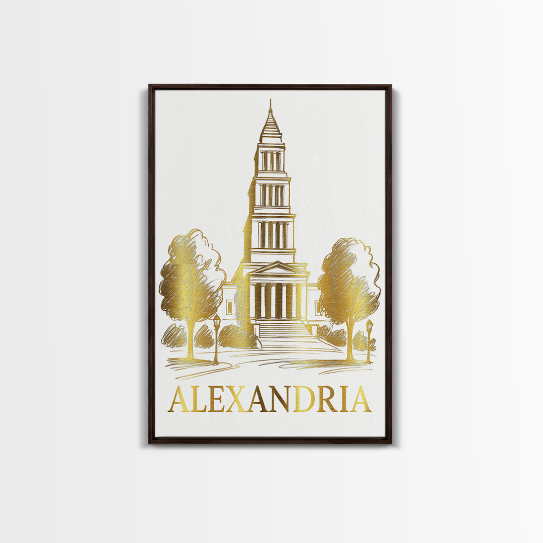 Alexandria Travel Poster, Canvas Print, Gold Line Drawing Wall Art, Alexandria Travel Art, Home Office Decor, Travel Wall Decor