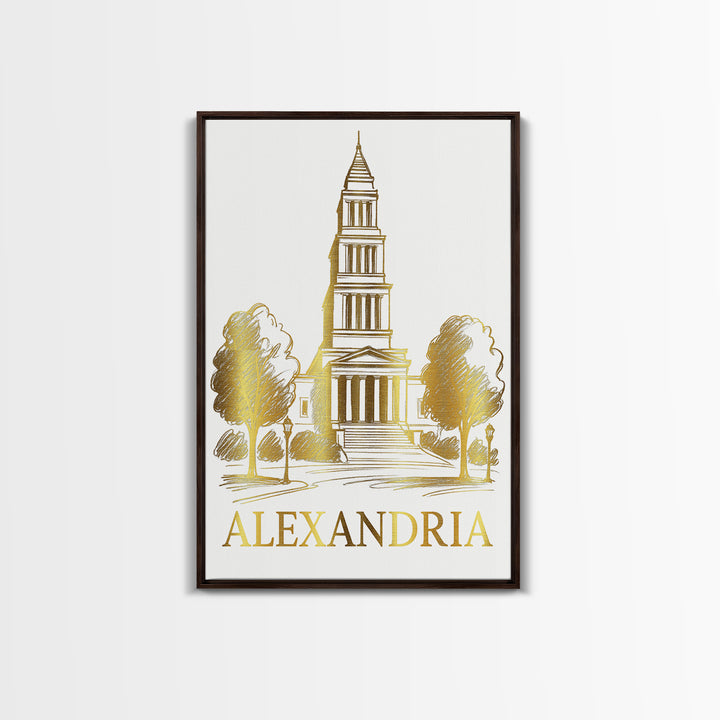Alexandria Travel Poster, Canvas Print, Gold Line Drawing Wall Art, Alexandria Travel Art, Home Office Decor, Travel Wall Decor