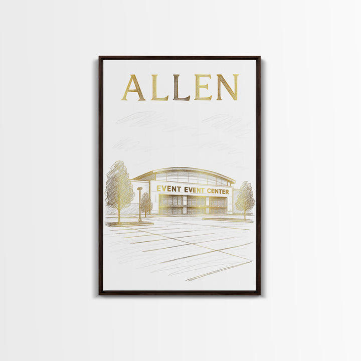 Allen Texas Travel Poster, Canvas Print, Gold Line Drawing Wall Art, Allen Art Print, Office Decor, Wanderlust Decor, Eclectic Wall Decor