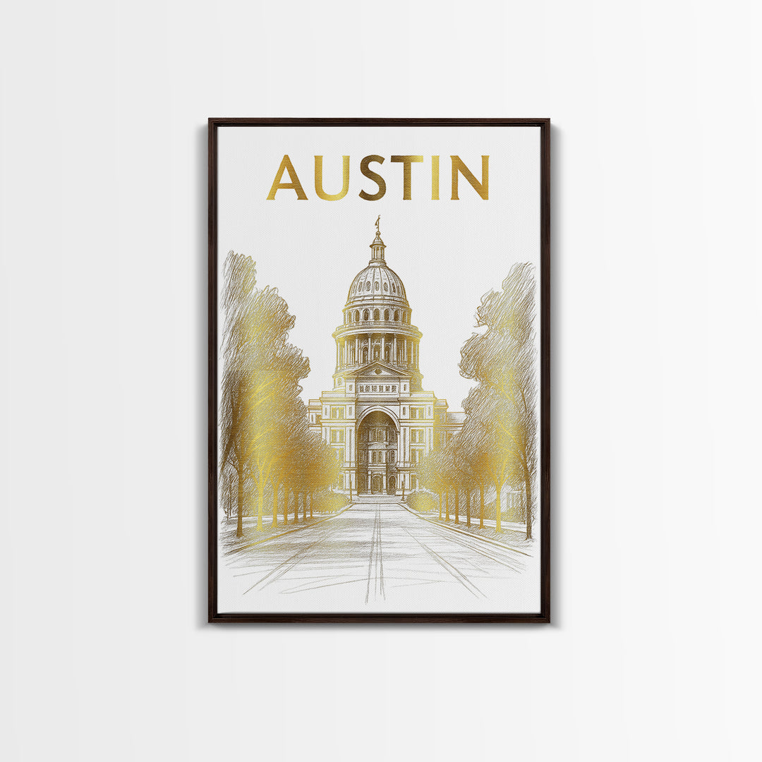 Austin Travel Poster, Framed Canvas Print, Elegant City Illustration, Austin Travel Art, City Travel Prints, Vintage City Art, Design 2