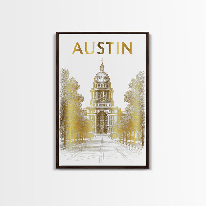 Austin Travel Poster, Framed Canvas Print, Elegant City Illustration, Austin Travel Art, City Travel Prints, Vintage City Art, Design 2