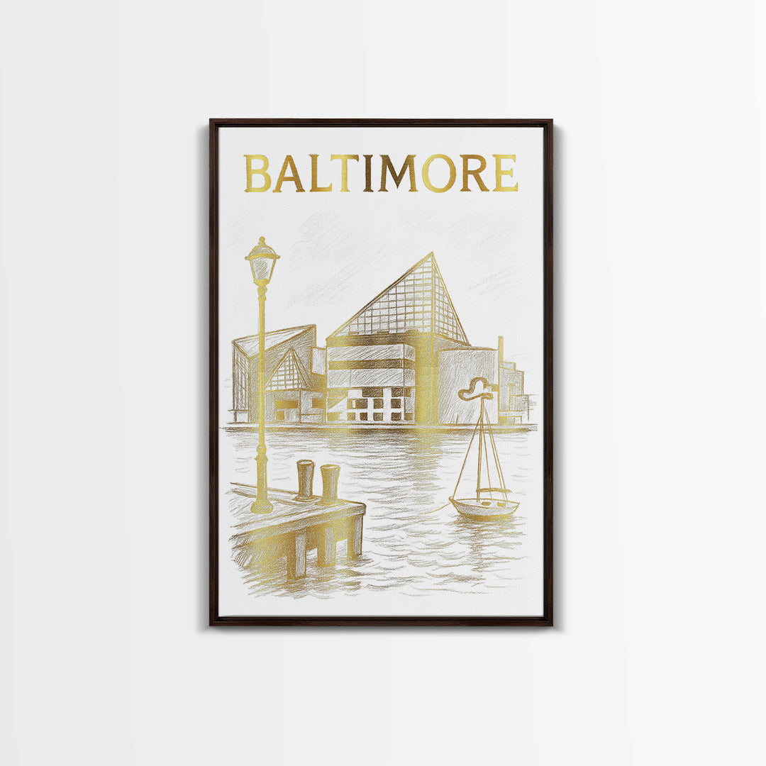 Baltimore Maryland Travel Poster, Framed Canvas Print, White And Gold Sketch Art, Baltimore Art Print, Travel Wall Decor, City Art Print