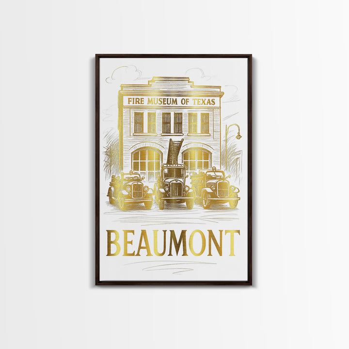 Beaumont Travel Poster, Framed Canvas Print, Gold Line Drawing Wall Art, Beaumont City Art, Home Office Decor, City Travel Prints