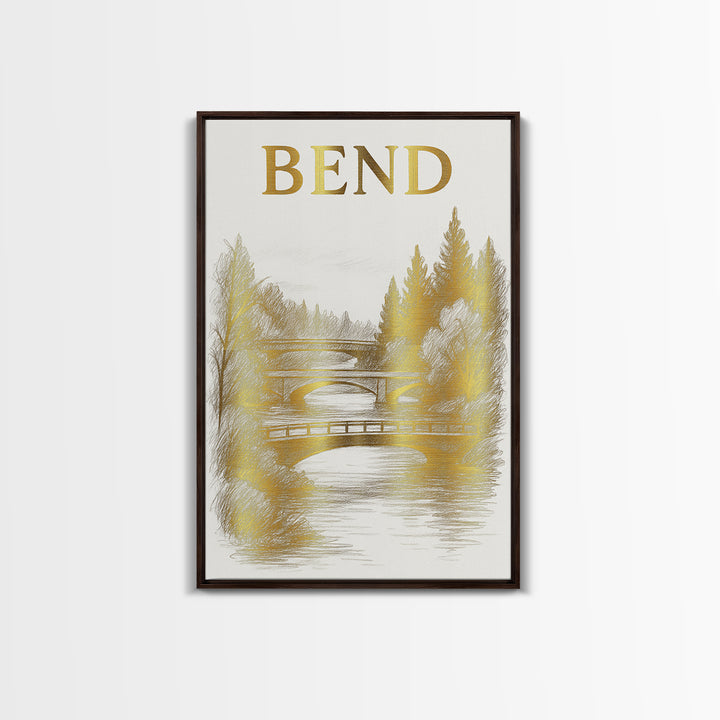 Bend Oregon Travel Poster, Canvas Print, White And Gold Sketch Art, Bend Art Print, Vintage City Poster, City Art Print, Fine Art Print