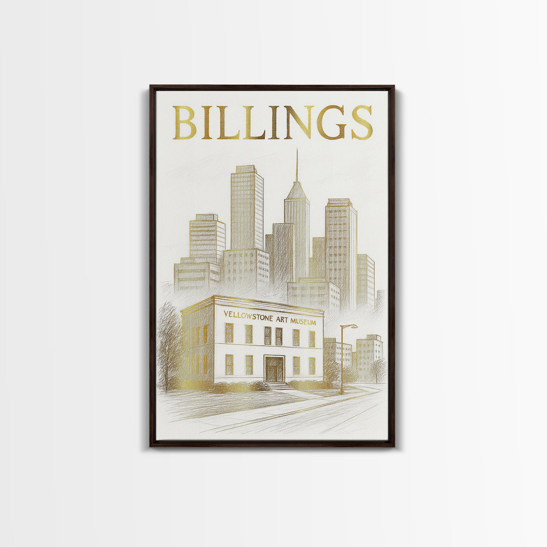 Billings Montana Travel Poster, Framed Canvas Print, Gold Line Drawing Wall Art, Billings Art Print, Travel Wall Art, Travel Wall Decor