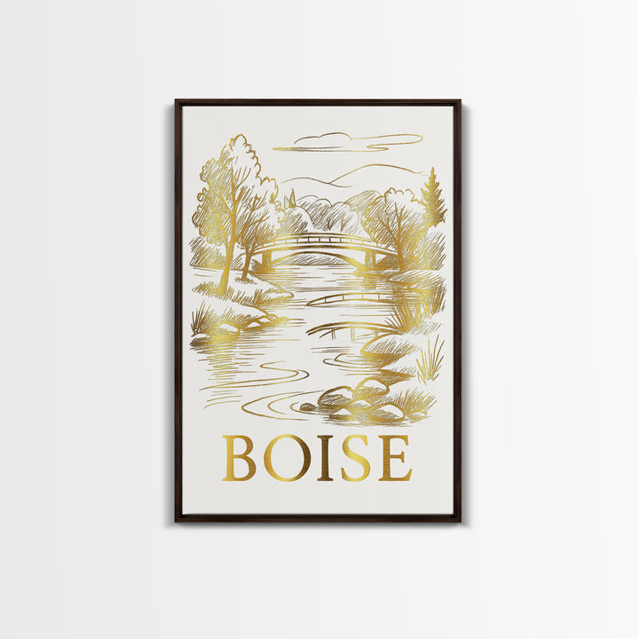 Boise Travel Poster, Canvas Print, White And Gold Sketch Art, Boise Wall Art, Eclectic Wall Decor, Wanderlust Decor, Travel Wall Art