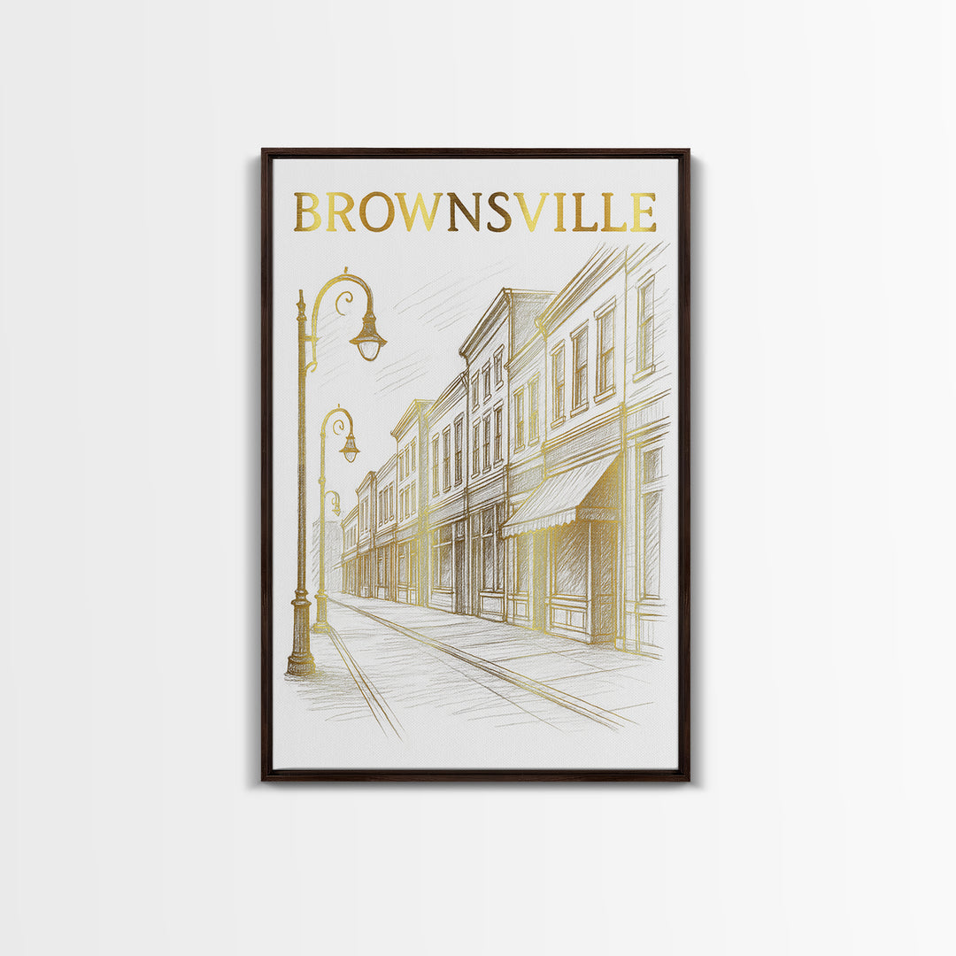 Brownsville Texas Travel Poster, Canvas Print, Gold Line Drawing Wall Art, Brownsville Wall Art, Eclectic Wall Decor, City Art Print