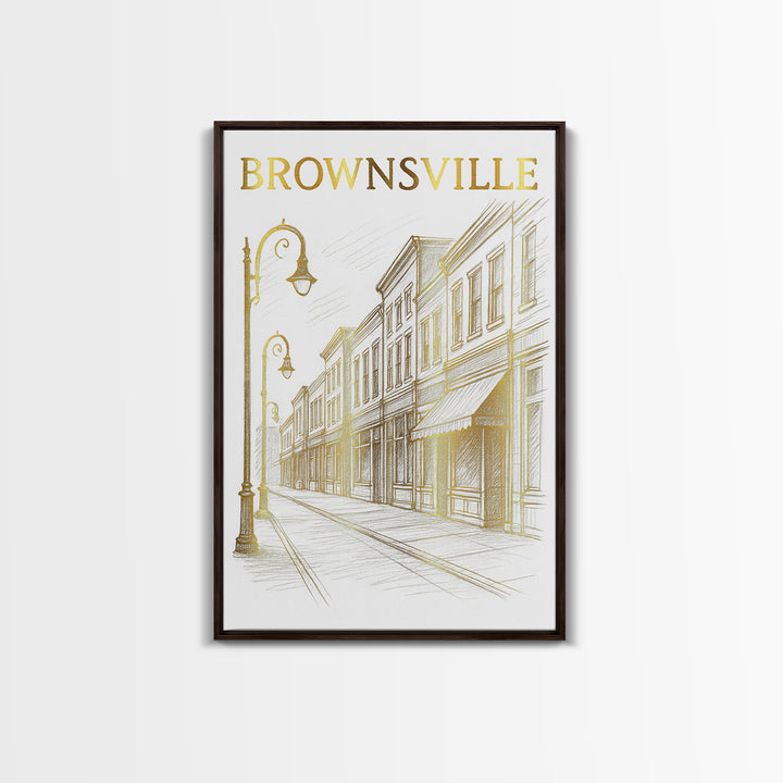 Brownsville Texas Travel Poster, Canvas Print, Gold Line Drawing Wall Art, Brownsville Wall Art, Eclectic Wall Decor, City Art Print