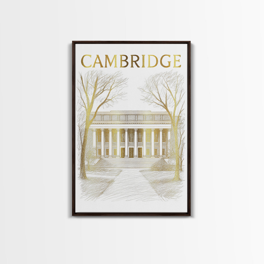 Cambridge Massachusetts Travel Poster, Canvas Print, Gold Line Drawing Wall Art, Cambridge City Art, Travel Art Print, Vintage City Art