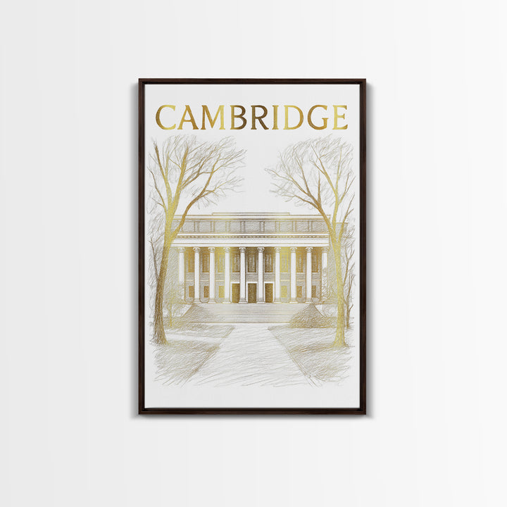 Cambridge Massachusetts Travel Poster, Canvas Print, Gold Line Drawing Wall Art, Cambridge City Art, Travel Art Print, Vintage City Art