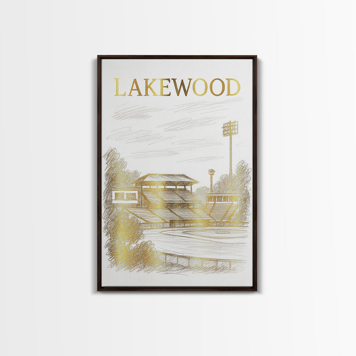 Lakewood Travel Poster, Framed Canvas Print, White And Gold Sketch Art, Lakewood Wall Art, Home Office Decor, Mid Century Wall Art
