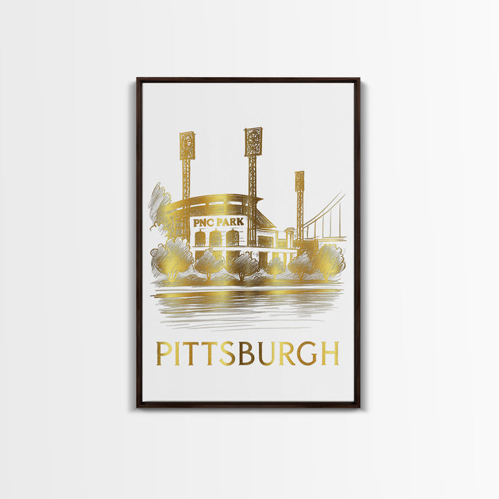 Pittsburg Travel Poster, Canvas Print, White And Gold Sketch Art, Pittsburg Wall Art, Retro Travel Print, Travel Wall Art, Vintage City Art