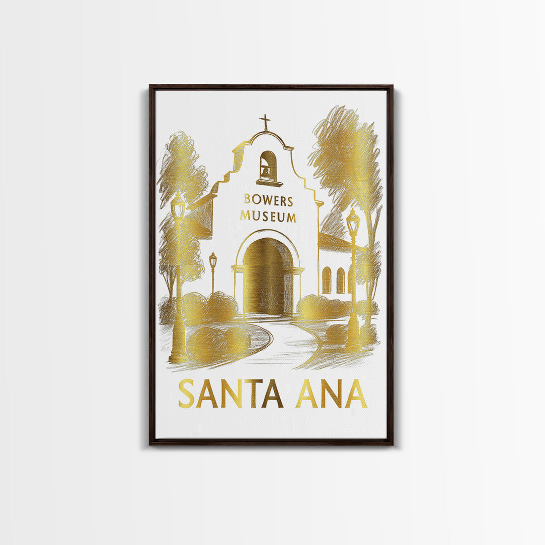 Santa Ana Travel Poster, Framed Canvas Print, White And Gold Sketch Art, Santa Ana Poster Print, Gift For Travelers, Vintage City Poster