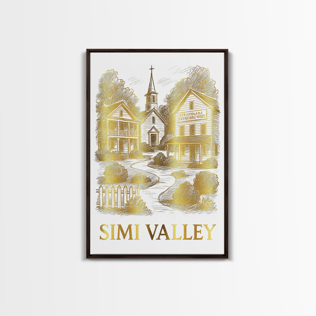 Simi Valley Travel Poster, Framed Canvas Print, White And Gold Sketch Art, Simi Valley Wall Art, Mid Century Wall Art, Retro Travel Print