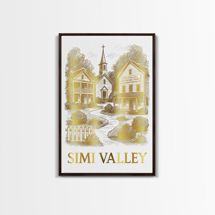 Simi Valley Travel Poster, Framed Canvas Print, White And Gold Sketch Art, Simi Valley Wall Art, Mid Century Wall Art, Retro Travel Print