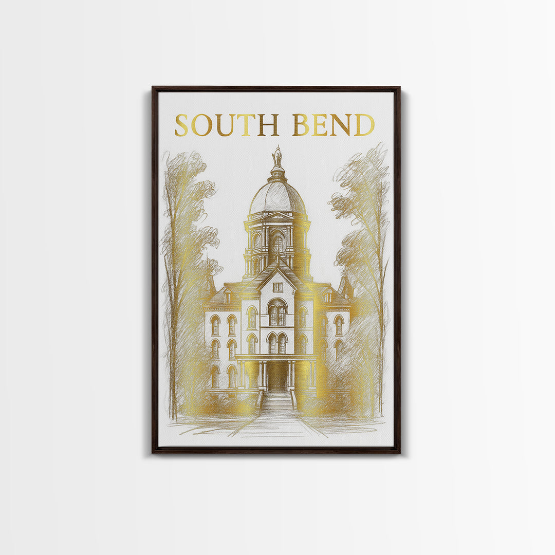 South Bend Indiana Travel Poster, Canvas Print, Gold Line Drawing Wall Art, South Bend City Art, Art Print, Watercolor Skyline, Design 1