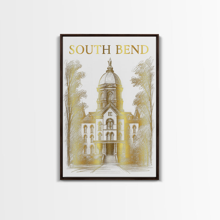 South Bend Indiana Travel Poster, Canvas Print, Gold Line Drawing Wall Art, South Bend City Art, Art Print, Watercolor Skyline, Design 1