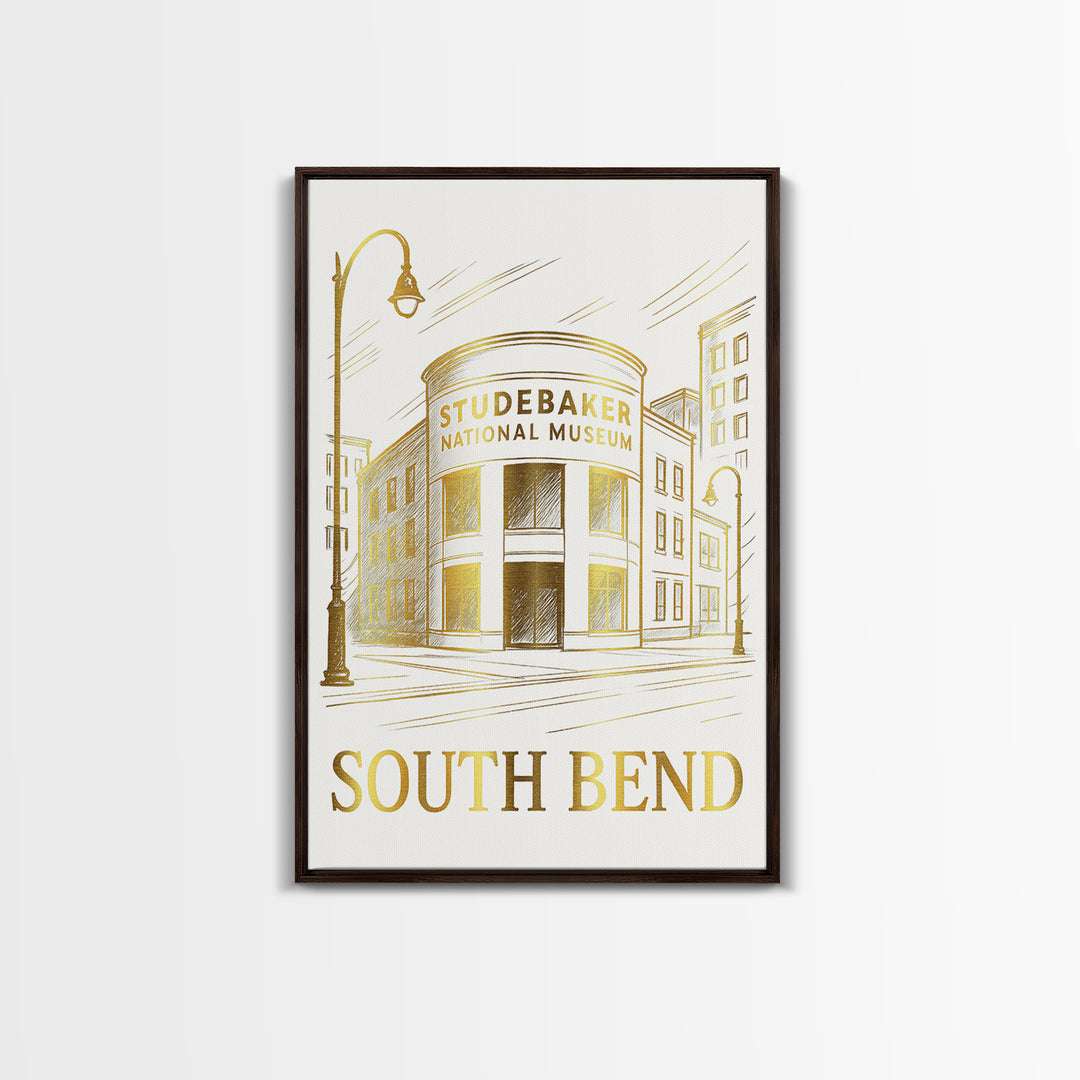 South Bend Travel Poster, Canvas Print, White And Gold Sketch Art, South Bend Wall Art, Modern Wall Decor, Eclectic Wall Decor