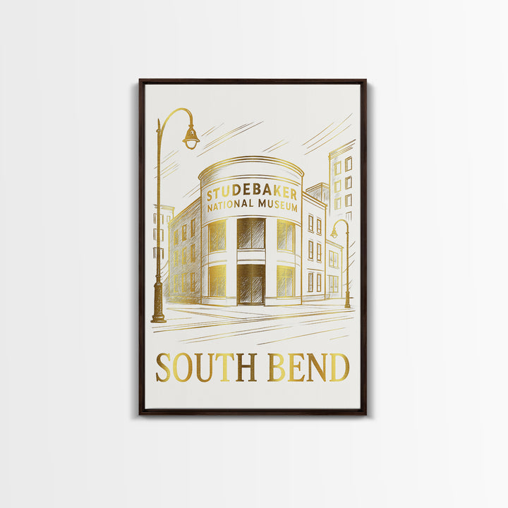 South Bend Travel Poster, Canvas Print, White And Gold Sketch Art, South Bend Wall Art, Modern Wall Decor, Eclectic Wall Decor