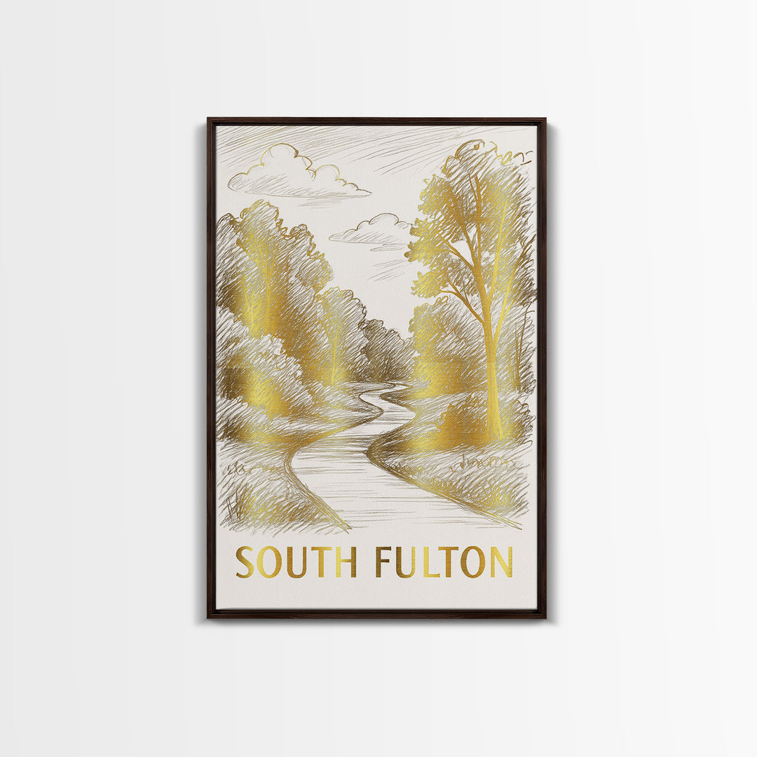 South Fulton Travel Poster, Canvas Print, Gold Line Drawing Wall Art, South Fulton Wall Art, Modern Wall Decor, Mid Century Wall Art