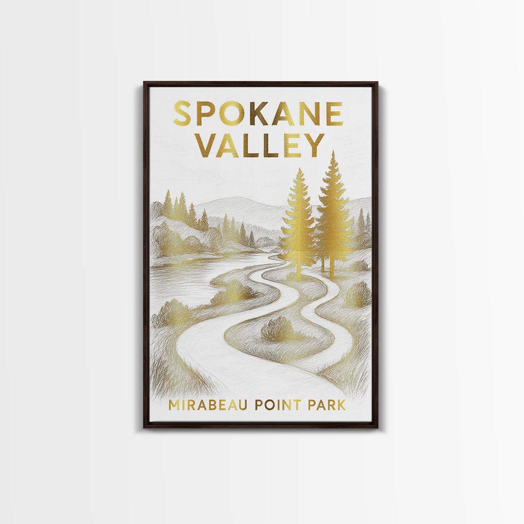 Spokane Valley Washington Travel Poster, Canvas Print, White And Gold Sketch Art, Spokane Valley Art Print, Watercolor Skyline, Wall Art