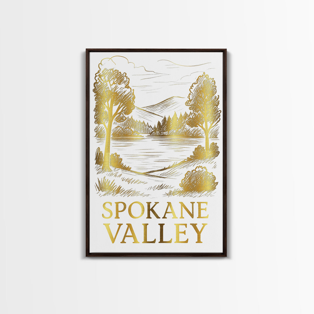 Spokane Valley Travel Poster, Framed Canvas Print, Gold Line Drawing Wall Art, Spokane Valley Travel Art, Travel Poster Set, Wall Art
