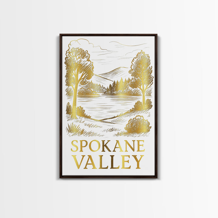 Spokane Valley Travel Poster, Framed Canvas Print, Gold Line Drawing Wall Art, Spokane Valley Travel Art, Travel Poster Set, Wall Art