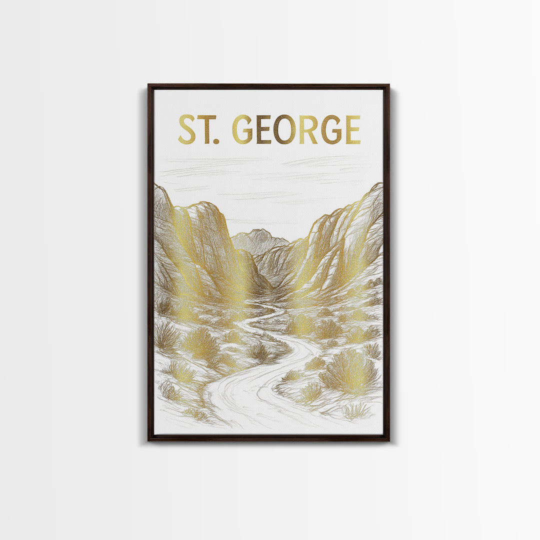 St George Utah Travel Poster, Canvas Print, White And Gold Sketch Art, St George Wall Art, Fine Art Print, Poster Art, Travel Poster Set