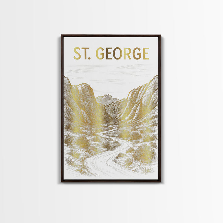 St George Utah Travel Poster, Canvas Print, White And Gold Sketch Art, St George Wall Art, Fine Art Print, Poster Art, Travel Poster Set