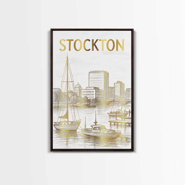 Stockton California Travel Poster, Canvas Print, White And Gold Sketch Art, Stockton Art Print, City Travel Prints, Wall Decor, Home Decor
