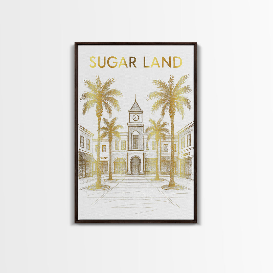 Sugar Land Travel Poster, Canvas Print, Elegant City Illustration, Sugar Land Wall Art, Watercolor Downtown Skyline, Travel Poster Art