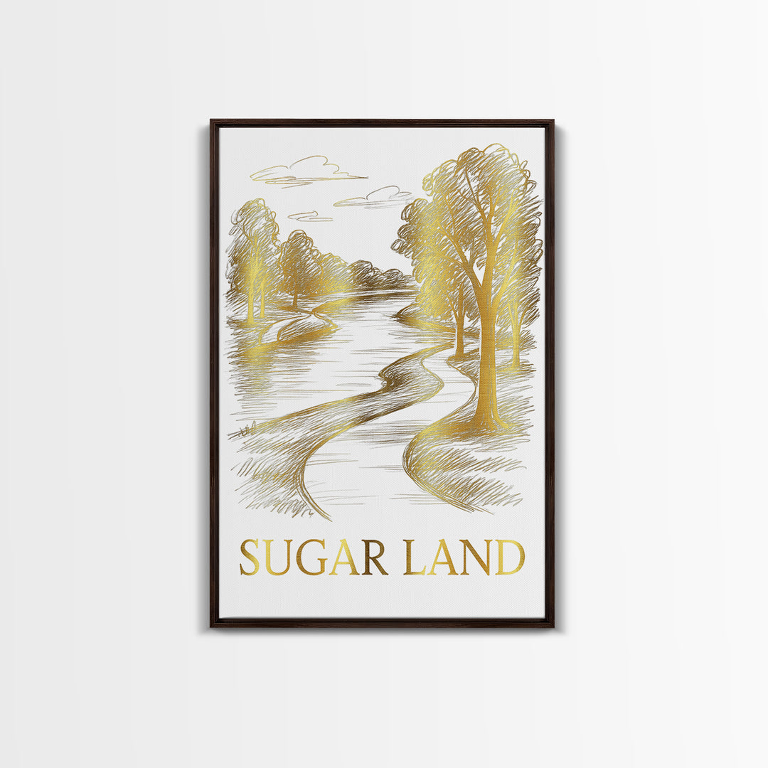 Sugarland Travel Poster, Framed Canvas Print, White And Gold Sketch Art, Sugarland City Art, Wanderlust Decor, City Travel Prints