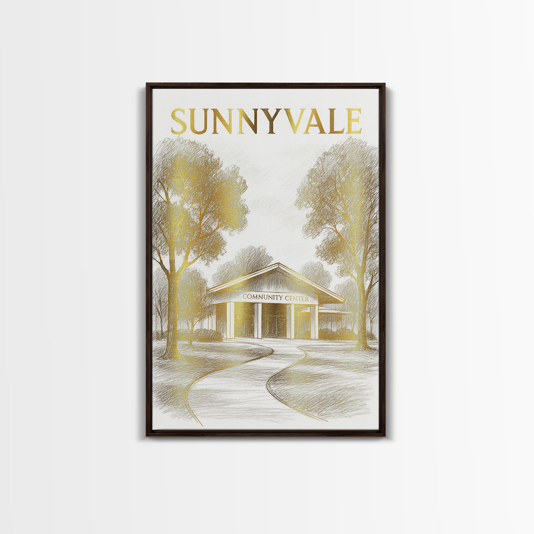 Sunnyvale California Travel Poster, Canvas Print, Gold Line Drawing Wall Art, Sunnyvale Wall Art, Travel Poster Art, Living Room Wall Art