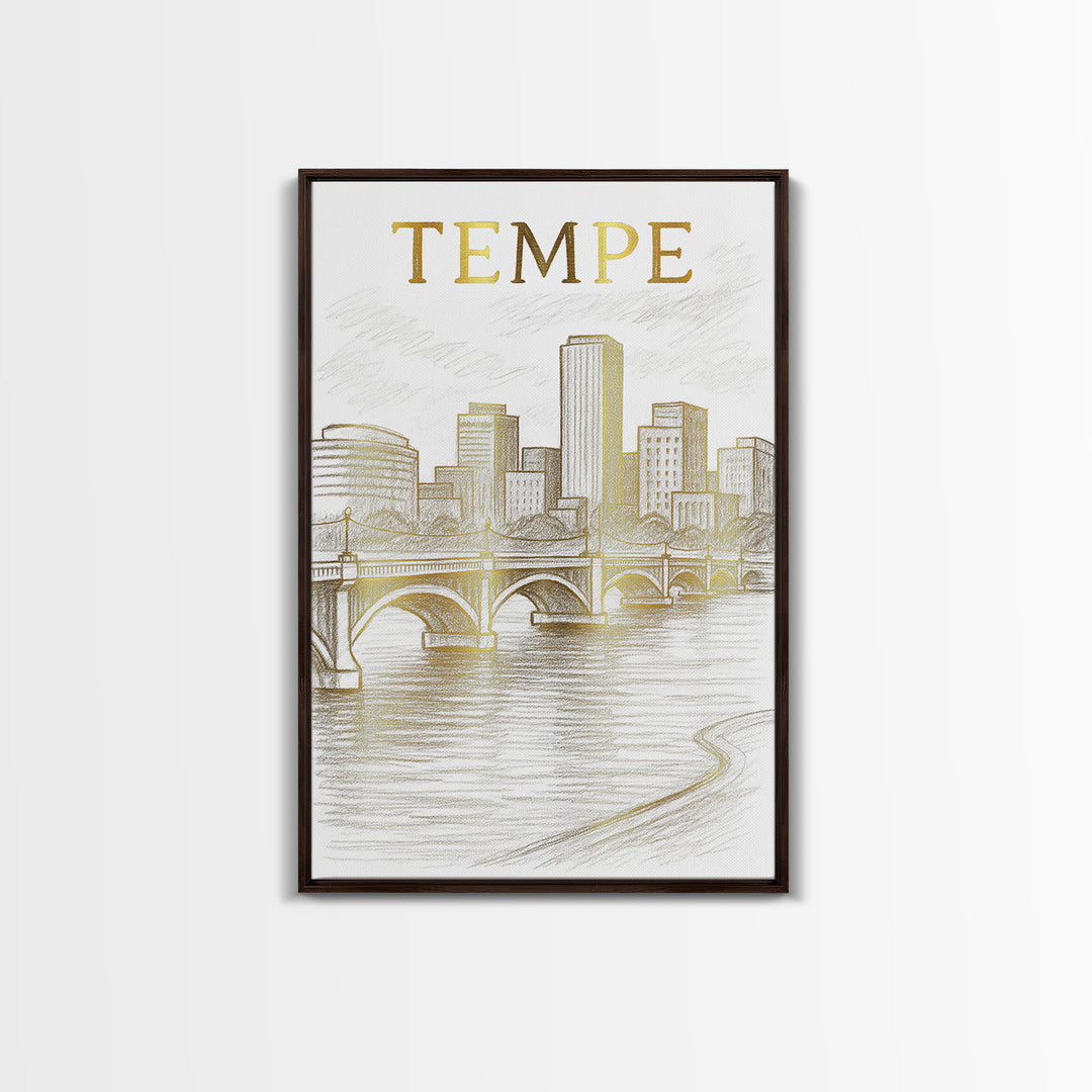 Tempe Arizona Travel Poster, Framed Canvas Print, White And Gold Sketch Art, Tempe City Art, Mid Century Wall Art, Eclectic Wall Decor