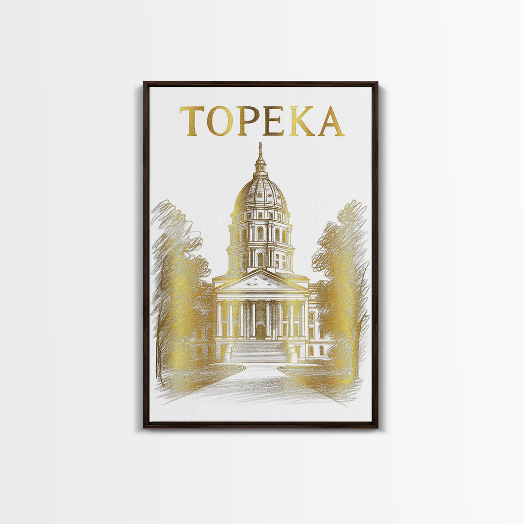 Topeka Kansas Travel Poster, Framed Canvas Print, Gold Line Drawing Wall Art, Topeka Poster Print, Gift For Travelers, Travel Poster Art