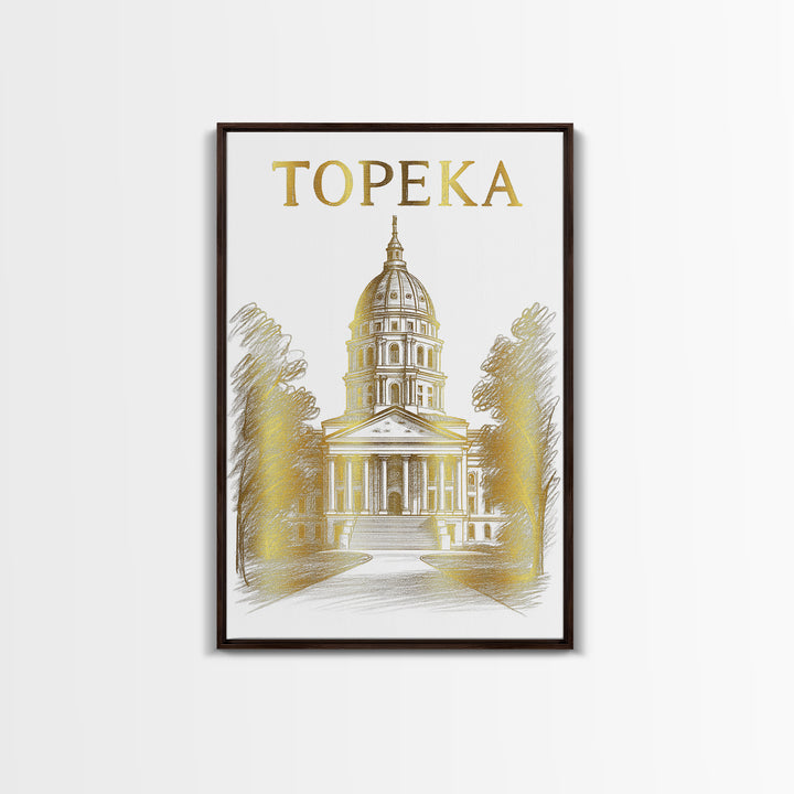 Topeka Kansas Travel Poster, Framed Canvas Print, Gold Line Drawing Wall Art, Topeka Poster Print, Gift For Travelers, Travel Poster Art