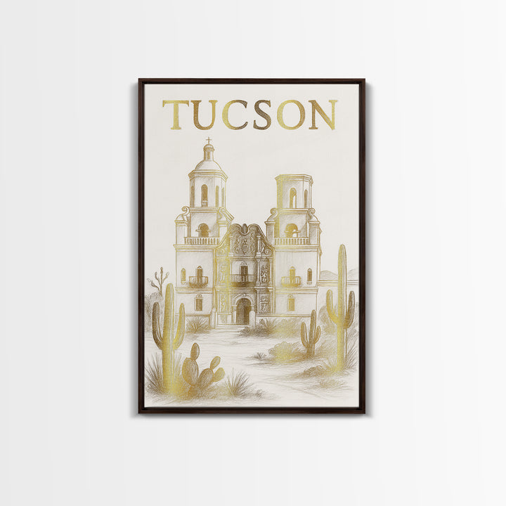 Tucson Arizona Travel Poster, Canvas Print, White And Gold Sketch Art, Tucson Poster Print, Vintage City Art, Travel Art, Retro Travel Print