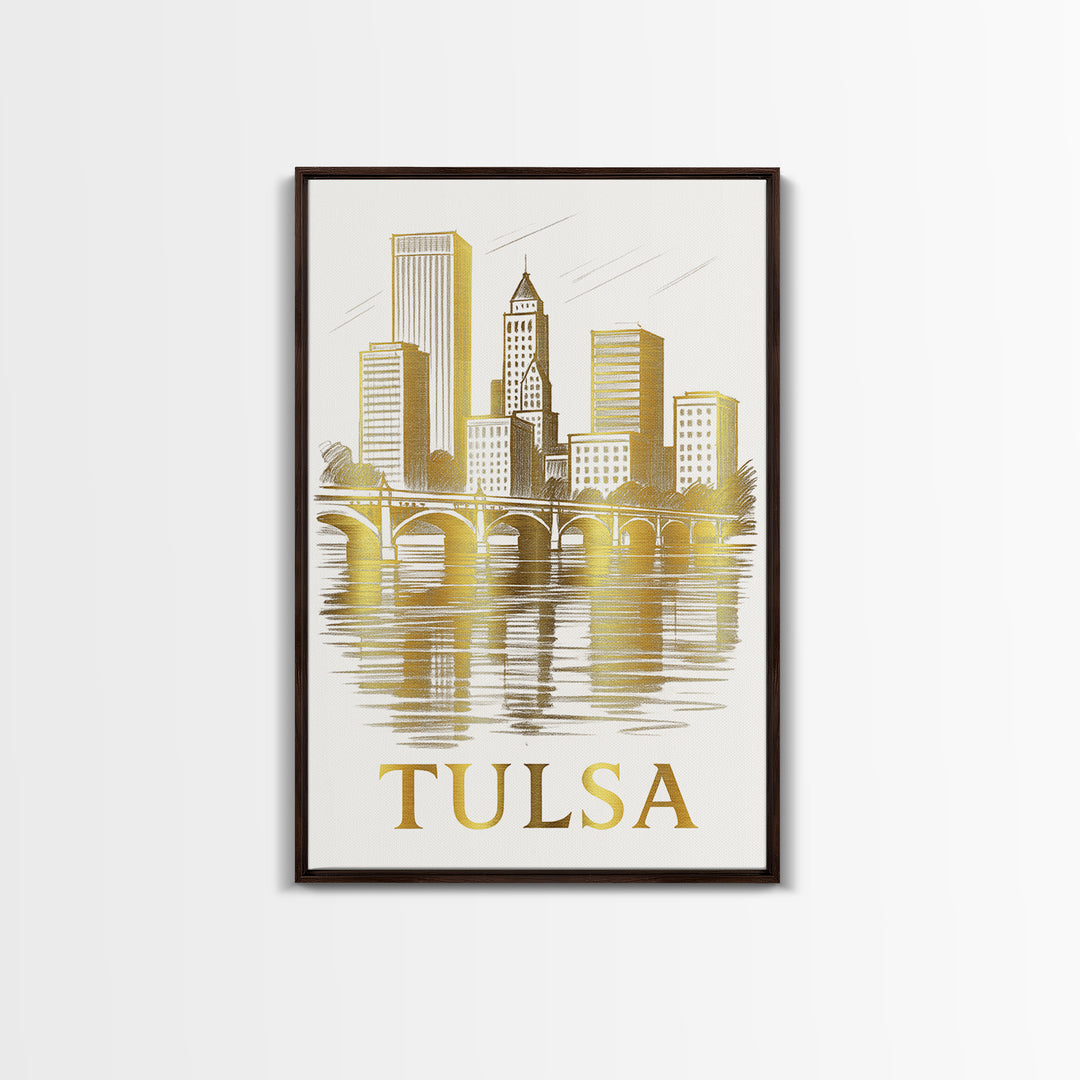 Tulsa Travel Poster, Canvas Print, Gold Line Drawing Wall Art, Tulsa City Art, Travel Wall Art, Travel Art Print, Vintage Travel Print