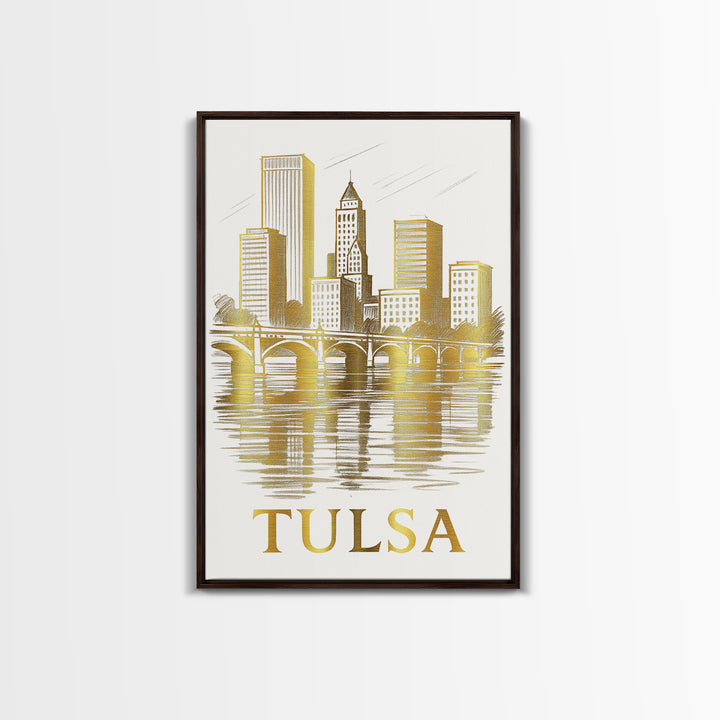 Tulsa Travel Poster, Canvas Print, Gold Line Drawing Wall Art, Tulsa City Art, Travel Wall Art, Travel Art Print, Vintage Travel Print