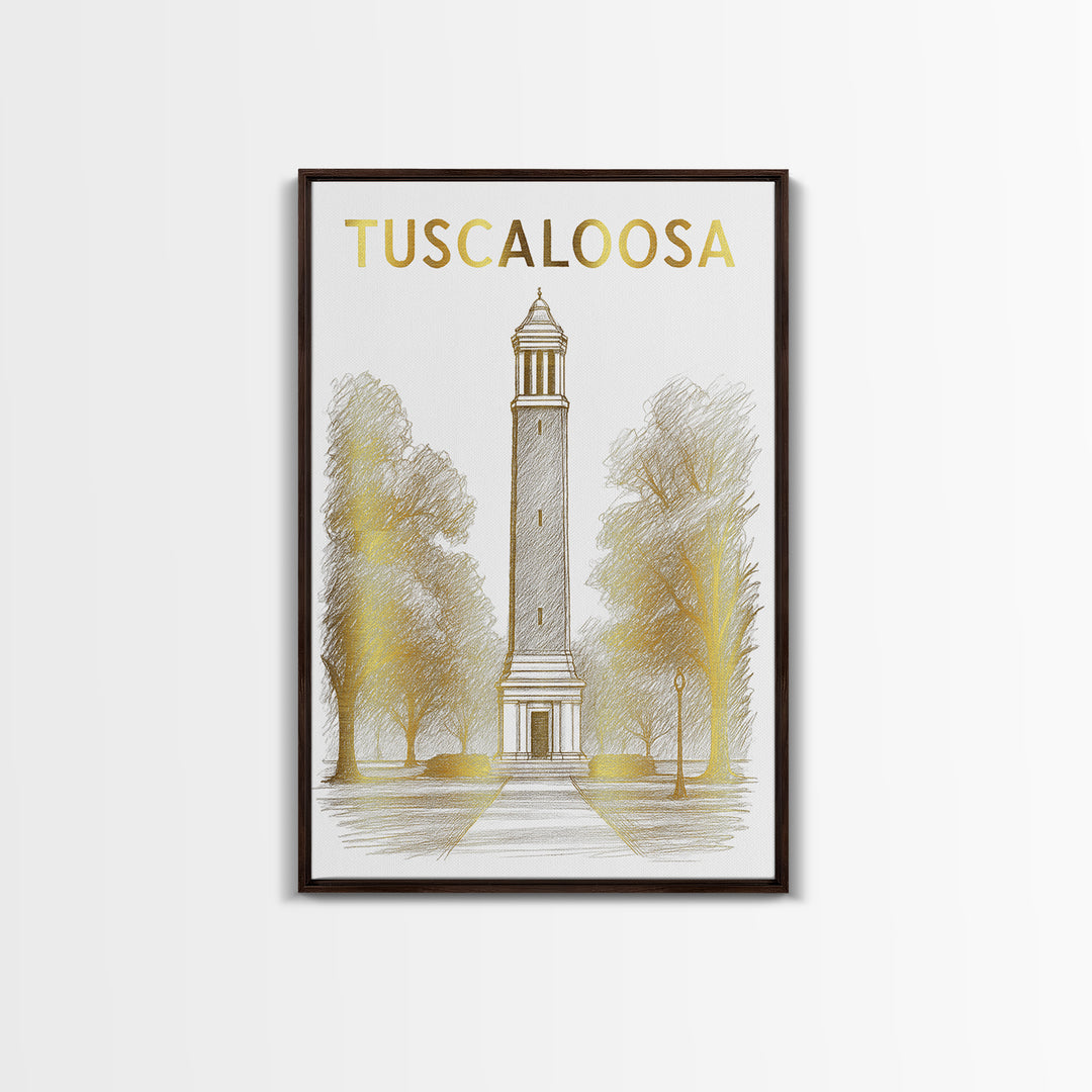 Tuscaloosa Alabama Travel Poster, Framed Canvas Print, White And Gold Sketch Art, Tuscaloosa City Art, Home Office Decor, Modern Wall Decor