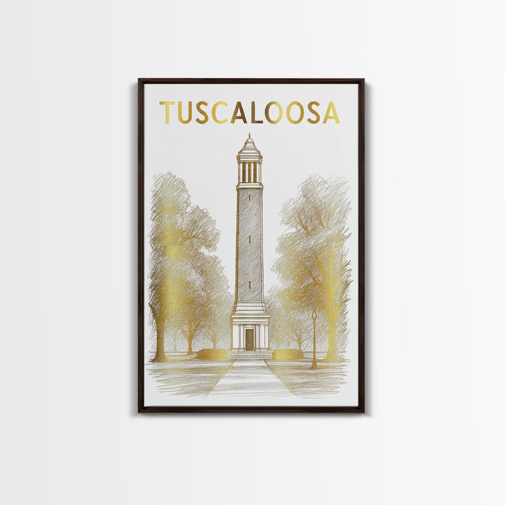 Tuscaloosa Alabama Travel Poster, Framed Canvas Print, White And Gold Sketch Art, Tuscaloosa City Art, Home Office Decor, Modern Wall Decor