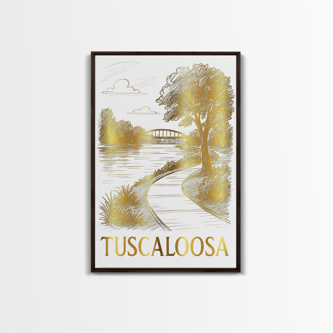 Tuscaloosa Travel Poster, Framed Canvas Print, White And Gold Sketch Art, Tuscaloosa Art Print, Travel Wall Decor, Eclectic Wall Decor