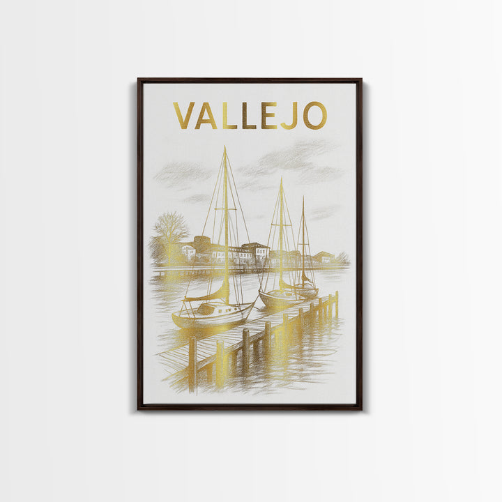 Vallejo California Travel Poster, Framed Canvas Print, White And Gold Sketch Art, Vallejo Poster Print, City Art Print, City Illustration