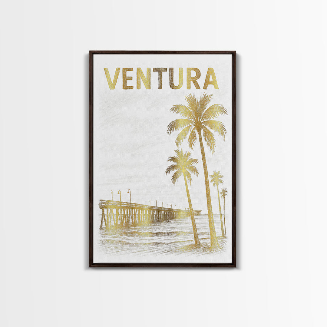 Ventura California Travel Poster, Framed Canvas Print, White And Gold Sketch Art, Ventura City Art, Watercolor Skyline, Travel Poster Art