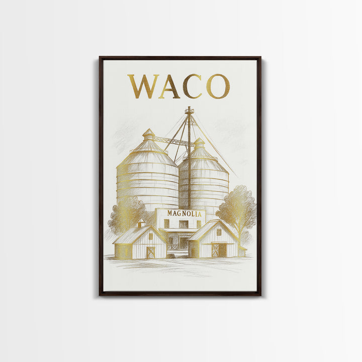 Waco Texas Travel Poster, Framed Canvas Print, White And Gold Sketch Art, Waco Poster Print, Vintage City Poster, City Travel Prints