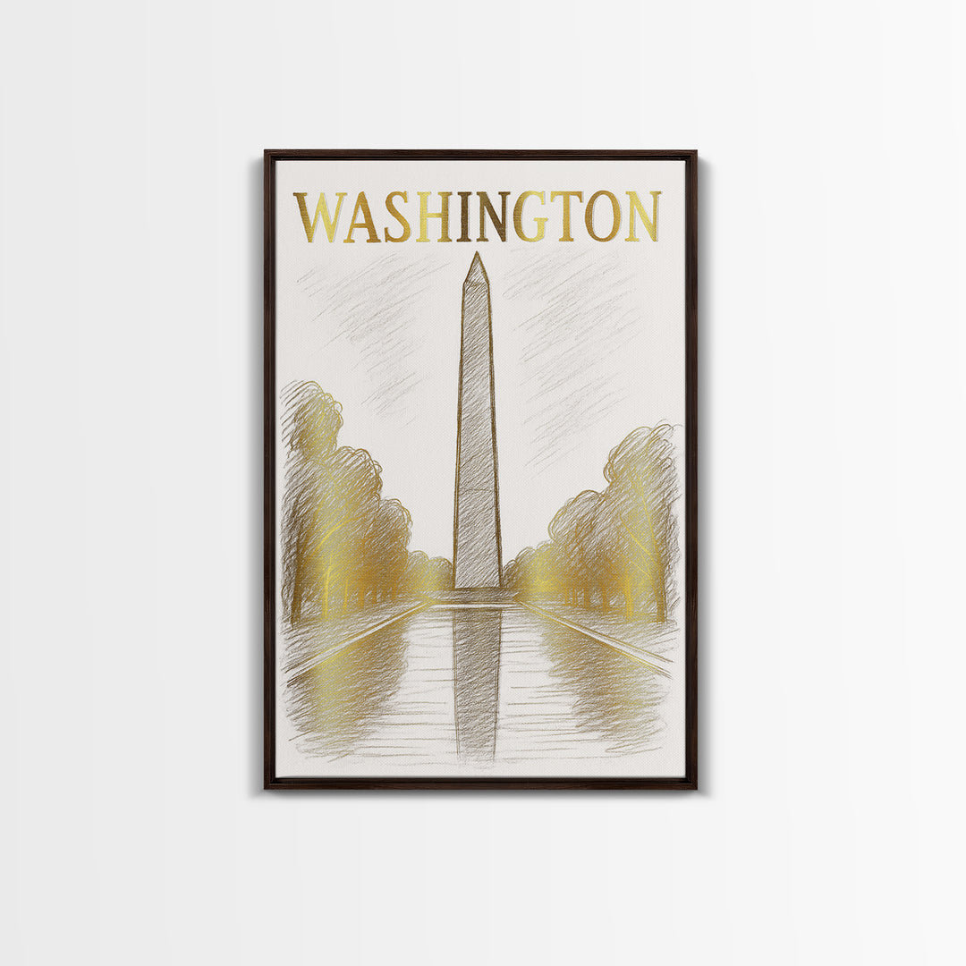 Washington DC Travel Poster, Canvas Print, White And Gold Sketch Art, Washington Poster Print, City Illustration, Modern Wall Decor