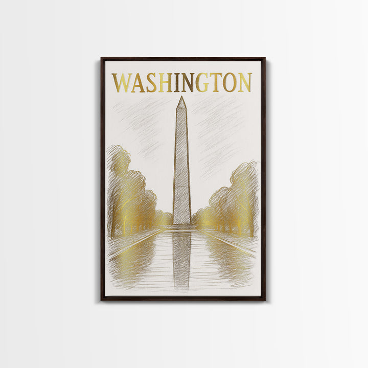 Washington DC Travel Poster, Canvas Print, White And Gold Sketch Art, Washington Poster Print, City Illustration, Modern Wall Decor