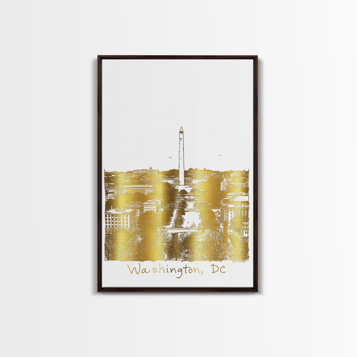 Washington DC Travel Poster, Framed Canvas Print, White And Gold Sketch Art, Washington DC City Art, Modern Wall Decor, Wanderlust Decor