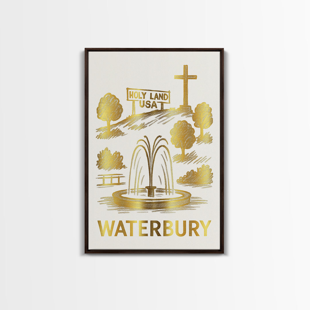 Waterbury Travel Poster, Canvas Print, White And Gold Sketch Art, Waterbury City Art, Travel Wall Decor, City Travel Prints, Travel Print